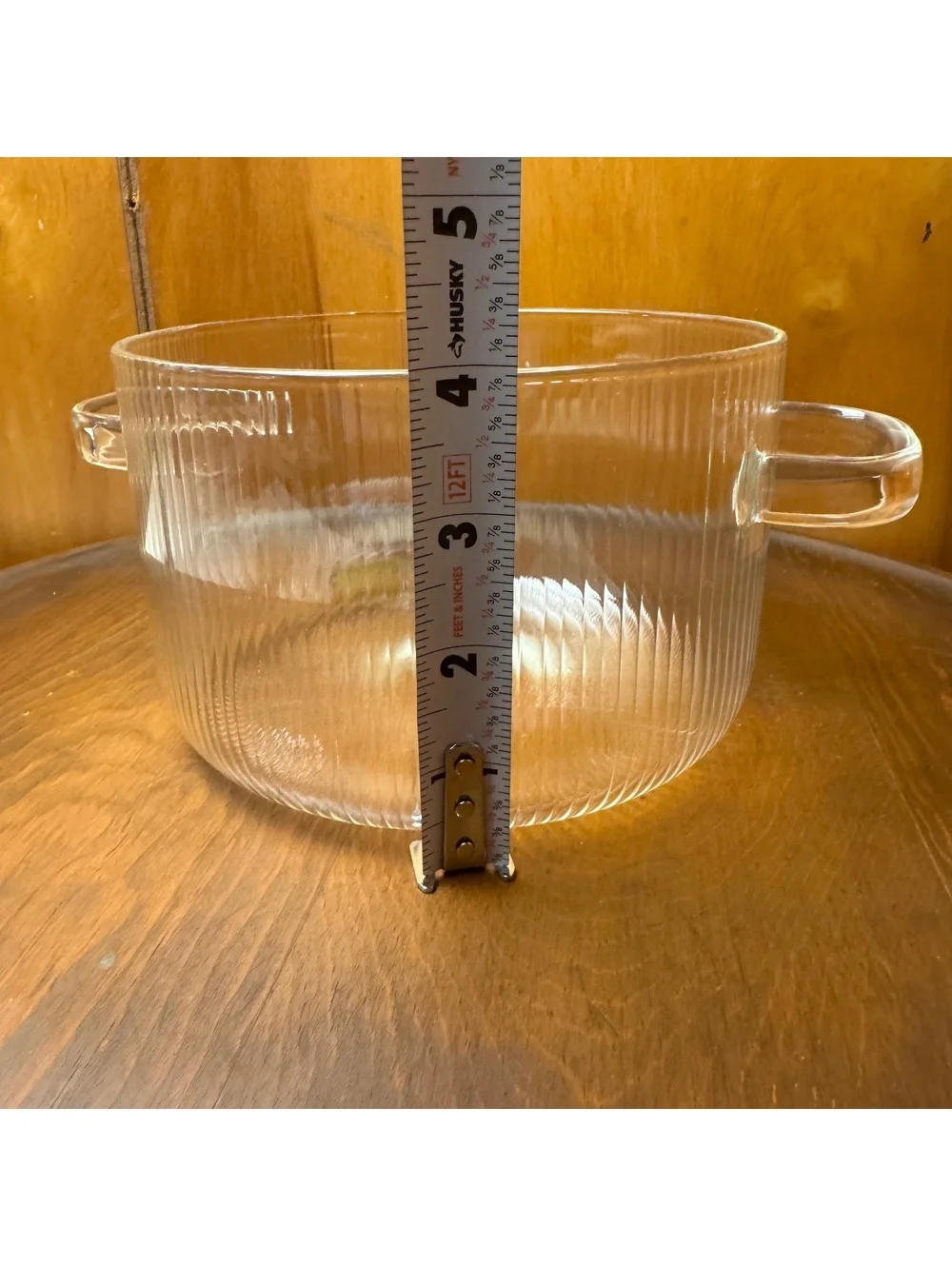 Vintage Clear Ribbed Glass Pot With Double Handles 6.5 Inch Serving Bowl